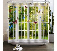 SDOTPMT 90x180cm Vista de la Ventana de Primavera Cortina de baño Mágico Bosque Verde Cortina de baño Blanca Mareos de Mariposa Psicodélicos de Colores, Cortinas de baño de Hadas del Sol con Gancho