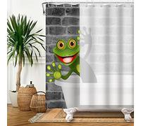 SDOTPMT 90x183cm Caricatura Rana Cortina de la Ducha Lindo Gracioso Rana con Excelente Ojo Animal Cortina de baño Gris Ladrillo Muro Blanco Cortina bañera para niños Baño Poliéster con Ganchos