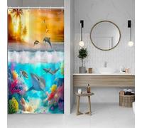 SDOTPMT 90x183cm Cortina de Baño Verano Océano Tiburones Tortuga Corales Bajo el Mar Ballena Gaviotas Atardeceres Sol Palmera sobre el Océano Cortina de Baño para Decoración de Baño con Gancho