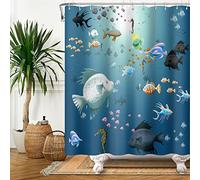 SDOTPMT 90x183cm Dibujos Animados Pez Cortina de Ducha Vistoso Tropical Peces Hipocampo Marina Animal Cortina de baño Azul Océano Cortina de bañera para niños Baño Tela Poliéster con Ganchos