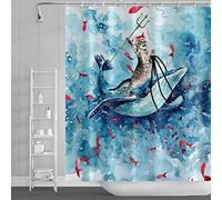 SDOTPMT 90x183cm Gracioso Gato Cortina de Ducha Lindo Gato Montando Ballena Océano Ola Cortina de baño Caricatura Rojo Pez Azul Cortina de bañera Tela Impermeable para Baño con Ganchos