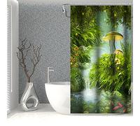 SDOTPMT 90x183cm Hada Bosque Cortina de Baño Magia Fantasía Champiñón Verde Césped Árbol Sale de Zen Río Tela Poliéster para Niño Baño con Ganchos