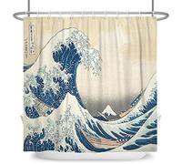SDOTPMT 90x183cm Japonés Océano Ondas Cortina de Ducha Abstracto Mar Ola De Madera Barco Cortina de baño Ukiyo-e Tema Fuji Montaña Cortina bañera para Baño Poliéster con Ganchos