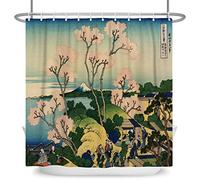 SDOTPMT 90x183cm Japonés Primavera Paisaje Cortina de Ducha Cereza Florecer Ukiyo-e Kanagawa Cortina de baño Montaña Fuji Orientar Étnico Animado Cortina bañera para Baño Poliéster con Ganchos