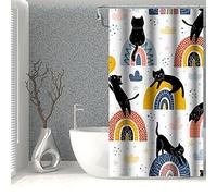 SDOTPMT 90x183cm Lindo Animal Cortina de Ducha Abstracto Dibujos Animados Gato Negro Colorido Arco Iris Cortina de Baño Mascotas Cortina de Bañera para Niño Baño con Ganchos