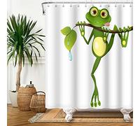 SDOTPMT 90x183cm Lindo Caricatura Rana Cortina de Ducha Poco Rana en Árbol Rama Verde Sale de Cortina de baño Verano Animal Blanco Cortina bañera para niños Baño Tela Poliéster con Ganchos