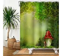 SDOTPMT 90x183cm Magia Bosque Cortina de Ducha Cuento de Hadas Hongo Fantasía Selva Árbol Cortina de baño Verde Planta Pradera Lámina Cortina bañera para Baño Poliéster con Ganchos