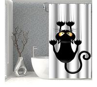 SDOTPMT 90x183cm Negro Gato con Agudo Patas Cortina de la Ducha Lindo Gracioso Gato Gatito Cortina de baño Blanco Fondo Cortina de bañera Tela Poliéster para Baño con Ganchos