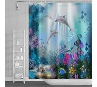 SDOTPMT 90x183cm Océano Delfín Cortina de Ducha Tropical Vistoso Pez Cortina de baño Bajo el Agua Mundo Marina Animales Cortina de bañera para baño Decoración Poliéster Hidrófugo con Ganchos