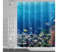 SDOTPMT 90x183cm Océano Tropical Pez Cortina de Ducha Submarino Mar Animal Coral Arrecife Cortina de baño El Verano Azul Océano Cortina de bañera para niños Baño Poliéster Impermeable con Ganchos