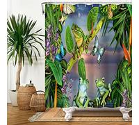 SDOTPMT 90x183cm Rana Cortina de Ducha Mariposa Lindo Gracioso Animal Verde Planta Hojas Flor Cortina de baño Verano Bosque Natural Cortina bañera para niños Baño Tela Poliéster con Ganchos