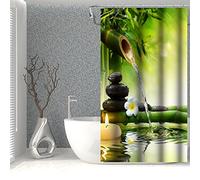 SDOTPMT 90x183cm SPA Bambú Cortina de Ducha Verde Sale de Aromático Velas Agua Terapia Floral Cortina de baño Zen Meditación Basalto Piedras Cortina bañera para Baño Poliéster con Ganchos