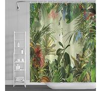 SDOTPMT 90x183cm Tropical Selva Cortina de Ducha Nublado Selva Verde Hojas de Palma Flor Cortina de baño Natural Paisaje Cortina de bañera para baño Decoración Poliéster Hidrófugo con Ganchos