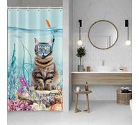 SDOTPMT Cortina de Baño 90x183cm Divertida de Gato Gatito Lindo Buceando en Océano Azul Coral Algas - Tela Impermeable Poliéster Decoración del Hogar Con Gancho