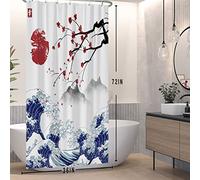 SDOTPMT Cortina de Baño del Monte Fuji en Japón - 90x180cm, Sakura Sunset, Paisaje Ondulado, Pintura de Tinta Asiática - Decoración de Bañera, Tela Impermeable Con Ganchos