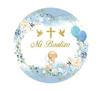 SDOTPMT Diameter 200cm Mi Bautismo bebé con Respaldo Circular mi Bautismo Dios Bendiga a los encantadores ángeles Coronas Azules fotografía Fondo Fiesta cumpleaños Infantil decoración Mesa Pastel