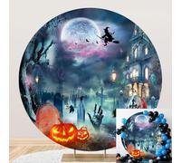 SDOTPMT Diameter 4ft Cubierta de Fondo Redonda del Cementerio Espeluznante de Halloween con Bruja, Luna Llena, tumbas y Calabazas Diseño Fotografía Decoraciones de Terror de Fondo