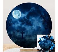SDOTPMT Diameter 6ft Cubierta de Fondo Redonda de la Noche del Cementerio místico con lápidas tumbas Siluetas nebulosas de la Luna Llena Fondo de la fotografía Decoración del Horror de Halloween
