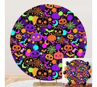 SDOTPMT Diameter 7.5ft Patrón de neón de Halloween Funda Redonda con Calabazas, Redes de araña murciélagos Splashes Coloridos Fotografía Fondo Decoración de celebración de Halloween