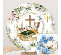 SDOTPMT Diámetro 1,8m Mi Primera Comunión Ronda Telón de Fondo Cubierta Santo Grial Biblia de Madera Jesús Cruz Flores Fotografía de Fondo para Baby Shower Decoraciones de la Fiesta