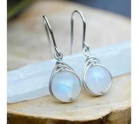 Sdouefos Pendientes de aro colgantes de plata de ley 925 con piedra lunar natural, lapislázuli, cobre, turquesa, cuarzo rosa, ónix, estilo colgante, plata de ley para mujer