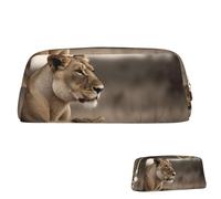 SDTYKHJ Estuche para lápices Lioness with Cachorro Big Pencil Bag Portable Coin Pouch Cosmetic Bag Leather Makeup Bag, Gold, Talla única
