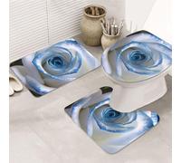 SDTYKHJ Juego de 3 alfombras de baño ultra absorbentes y antideslizantes, color azul y blanco, con diseño de rosas en forma de U, cubierta de tapa de inodoro para bañera y ducha