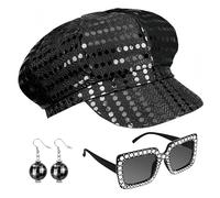SDXCJY 3 sombreros de lentejuelas de los años 70, sombrero de discoteca plateado para adultos, accesorios Abba para mujer, con lentes de sol cuadrados con lentejuelas, conjunto de disfraz de discoteca