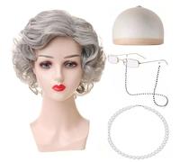 SDXCJY Juego de 5 piezas de disfraz de anciana. Incluye una peluca corta y rizada de color gris, un gorro de peluca, un collar de perlas artificiales, una cadena de gafas y un par de gafas, que son