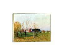 SDYSKKUG Alfred Sisley Cuadros Reproducción. Paisaje Impresión en Lienzo. Granja en una mañana de otoño. Marco Plateado Champán Póster Decoración Salon 80x60cm