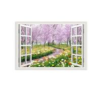 SDYSKKUG Falsa Ventana Cuadros. Árbol Flores ciervos. Paisaje Impresión Imagen en Lienzo. Pintura Decoración Salon Dormitorio 60x40cm Sin Marco