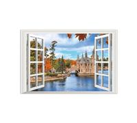 SDYSKKUG Falsa Ventana Cuadros. Árbol Lago castillo. Paisaje Impresión Imagen en Lienzo. Pintura Decoración Salon Dormitorio 45x30cm Sin Marco