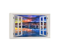 SDYSKKUG Falsa Ventana Cuadros. Atardecer barco. Paisaje Impresión Imagen en Lienzo. Lienzo Envuelto Pintura Decoración Salon 90x60cm
