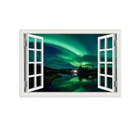 SDYSKKUG Falsa Ventana Cuadros. Aurora verde Lago. Paisaje Impresión Imagen en Lienzo. Pintura Decoración Salon Dormitorio 90x60cm Sin Marco