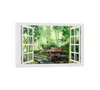 SDYSKKUG Falsa Ventana Cuadros. Casa Bosque bambú. Paisaje Impresión Imagen en Lienzo. Lienzo Envuelto Pintura Decoración Salon 90x60cm