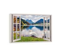 SDYSKKUG Falsa Ventana Cuadros. Gansos Lago Montaña. Paisaje Impresión Imagen en Lienzo. Lienzo Envuelto Pintura Decoración Salon 115x80cm