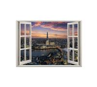 SDYSKKUG Falsa Ventana Cuadros. Horizonte Torre London. Paisaje Impresión Imagen en Lienzo. Pintura Decoración Salon Dormitorio 70x50cm Sin Marco