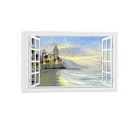 SDYSKKUG Falsa Ventana Cuadros. Mar playa castillo. Paisaje Impresión Imagen en Lienzo. Lienzo Envuelto Pintura Decoración Salon 60x40cm