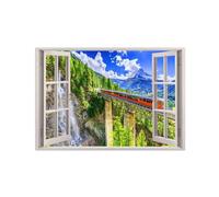 SDYSKKUG Falsa Ventana Cuadros. Tren Cascada Montaña. Paisaje Impresión Imagen en Lienzo. Pintura Decoración Salon Dormitorio 115x80cm Sin Marco