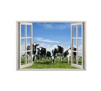 SDYSKKUG Falsa Ventana Cuadros. Vacas pradera. Paisaje Impresión Imagen en Lienzo. Pintura Decoración Salon Dormitorio 70x50cm Sin Marco