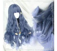 se aplican a Daily Lolita Cosplay pelucas de fibra sintética de alta temperatura pelo sintético de 31 pulgadas azul gris largo ondulado grande y rizado + gorro de pelo gratis