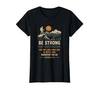 Sé Fuerte y Valiente Josué 1:9 Senderismo Fe Camiseta gráfica económica, Mujer, Negro, S