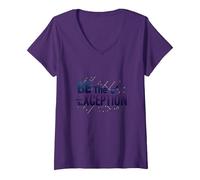 Sé la excepción: tipografía inspiradora Camiseta Cuello V, Mujer, Morado, XL
