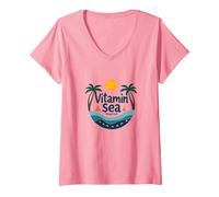 Se Requiere Vitamina mar: Vacaciones en la Playa Tropical Camiseta Cuello V, Mujer, Rosado, XXL