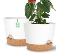 SE SUN-E Paquete de 2 macetas Grandes de 12 + 12 Pulgadas para Plantas de Interior/Exterior, macetas de riego automático con depósito y Agujero de Drenaje, macetas de plástico Blanco, decoración