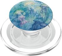 Sea Art Acuarela Subacuática Acuarela Amarillo Azul Medusa PopSockets PopGrip para MagSafe