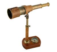 Sea-Club Telescopio de pie con brújula, decoración marítima, latón envejecido/piel, 33 x 25 cm, diámetro = 5 cm