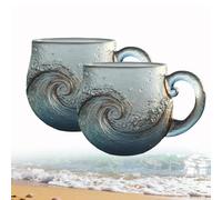 Sea Glass Wave Mug, 12 oz Handblown Ocean Wave Glass Mug Cup, Unique Textured Beach Theme Cup, for Coffee, Wine and Iced Drinks, Great Gift for Ocean Coastal Decor Lovers Fans (2pcs)