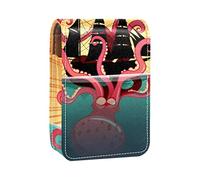 Sea Monster Octopus and Sailing Ship - Estuche portátil para pintalabios para viajes, mini caja de almacenamiento de lápiz labial con espejo para mujeres y mujeres, bolsa de cosméticos de cuero, Varios colores, 9.5x2x7 cm/3.7x0.8x2.7 in