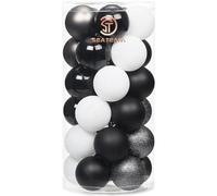 Sea Team - Bolas de Navidad de 60 mm adornadas con dibujos delicados y purpurina, juego de 30 bolas decorativas navideñas inastillables (blanco y negro)